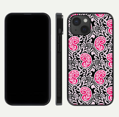 Crimson Paisley Charm Glass Case for iPhone 15 dual-view layout displaying HD print and curved polish