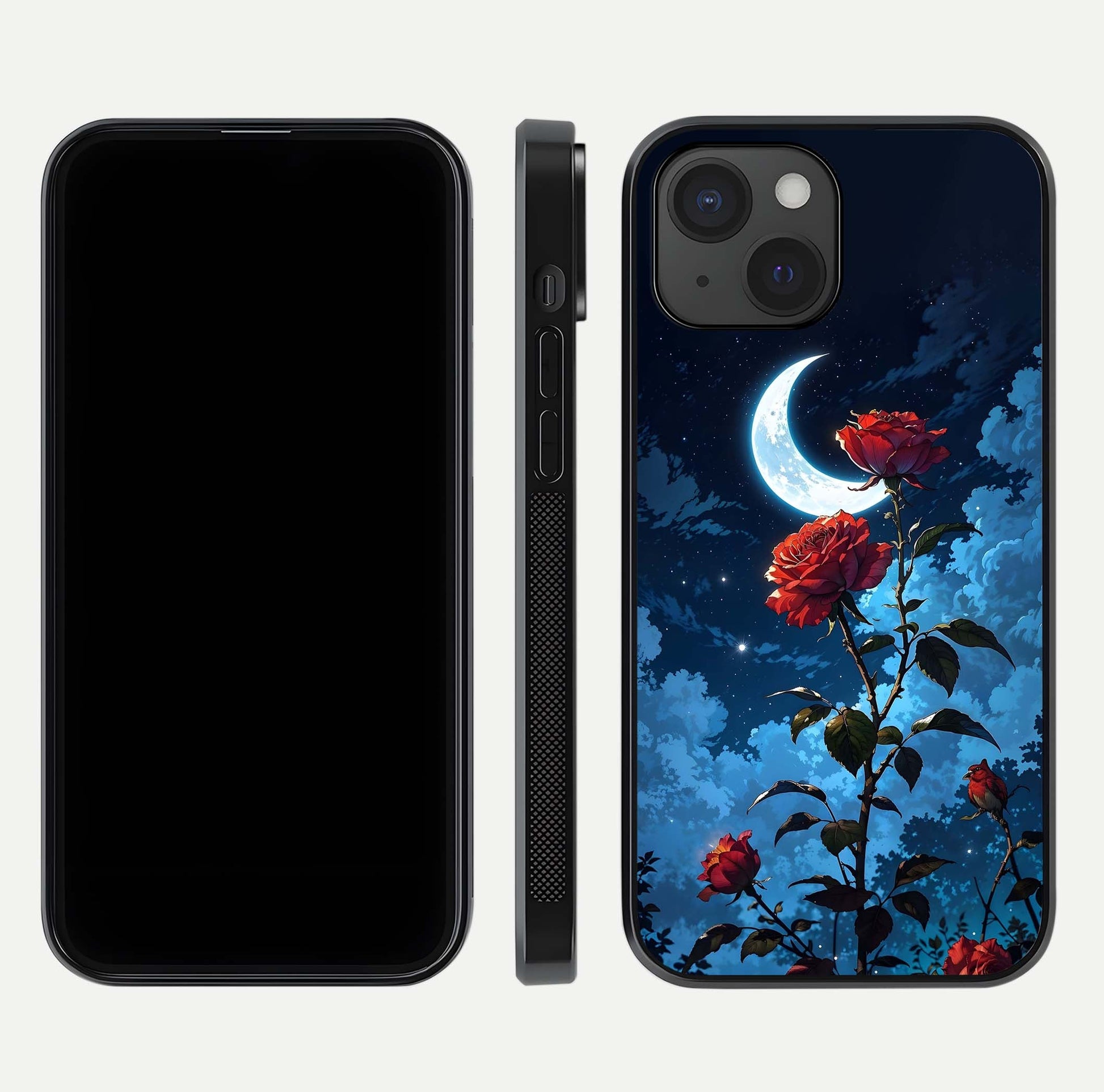 Crimson Rose Moon Glass Case for iPhone 15 dual-view layout displaying red tones and soft gloss