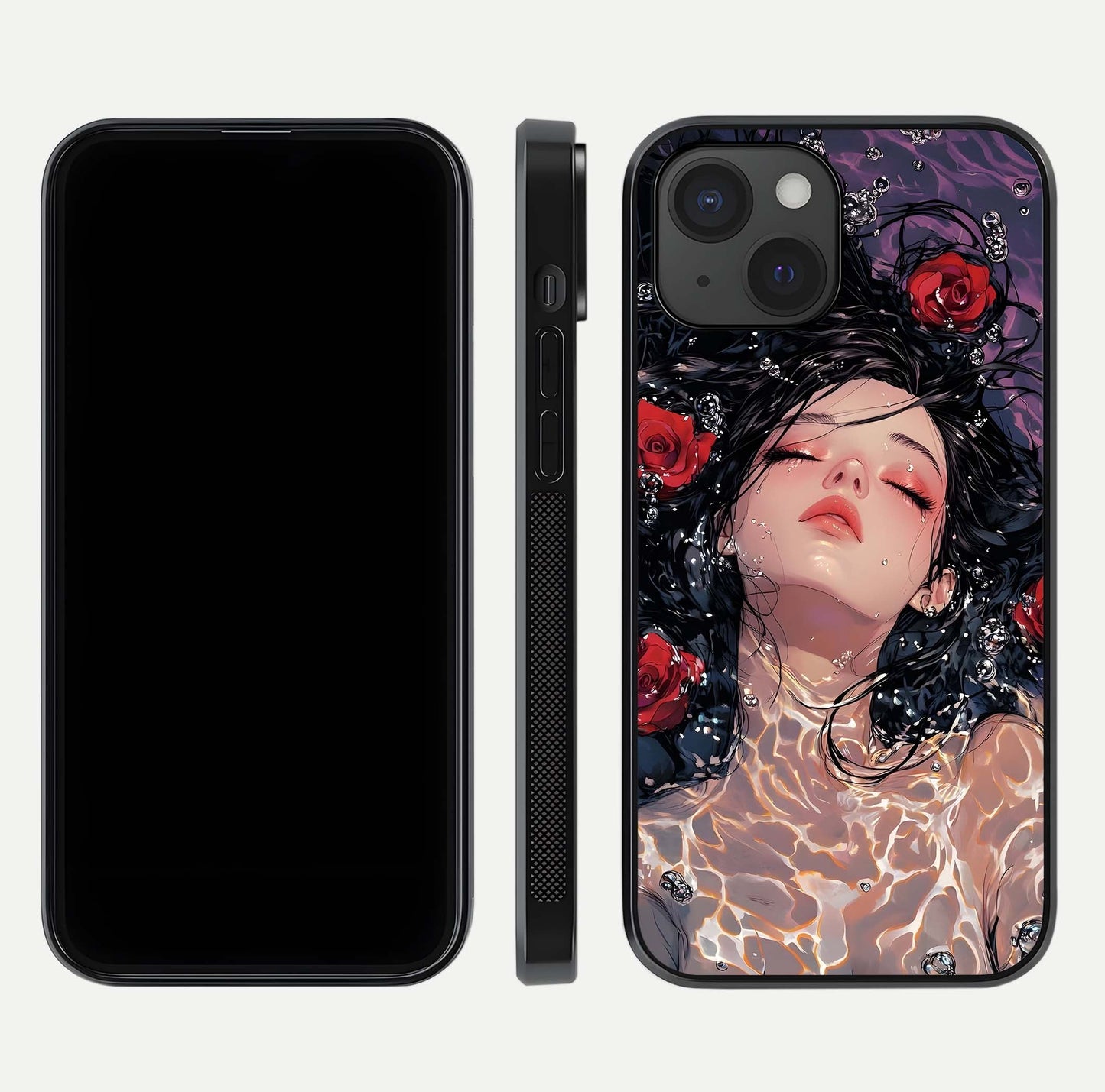 Crimson Rose Serenity Glass Case for iPhone 15 dual-view layout displaying serenity tones and curved glass