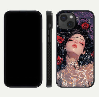 Crimson Rose Serenity Glass Case for iPhone 15 dual-view layout displaying serenity tones and curved glass