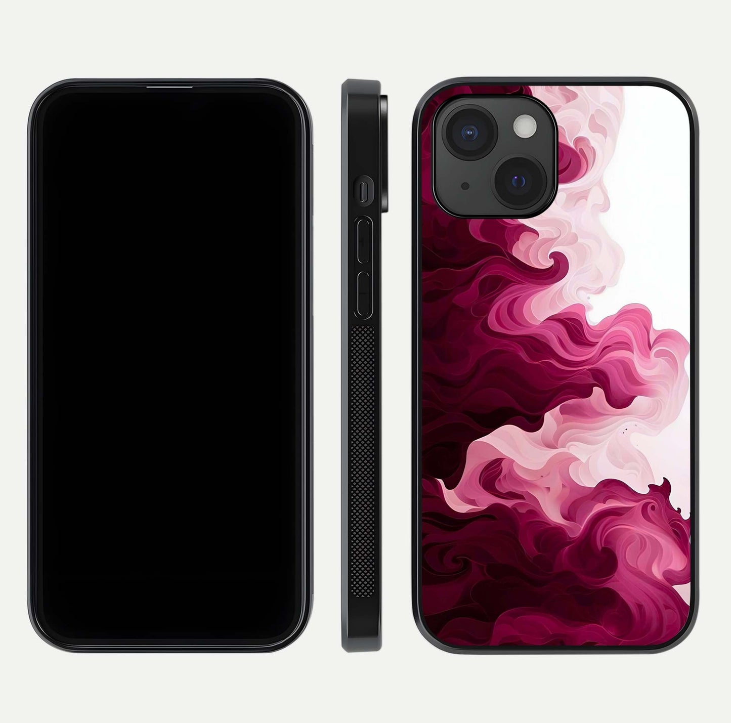 Crimson Wave Flow Glass Case for iPhone 15 dual-view layout displaying curved wave art and polished surface