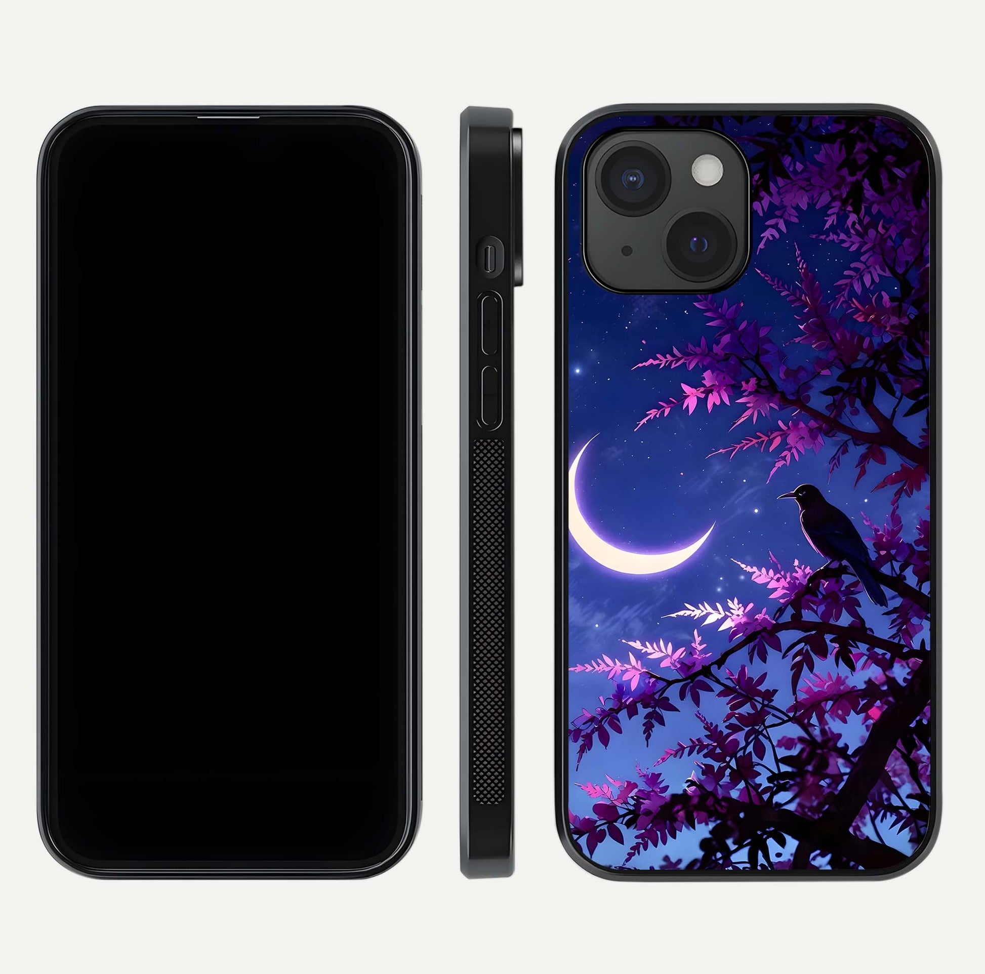 Crow & Moon Scenery Glass Case for iPhone 15 dual-view layout displaying night sky art and curved glass edges