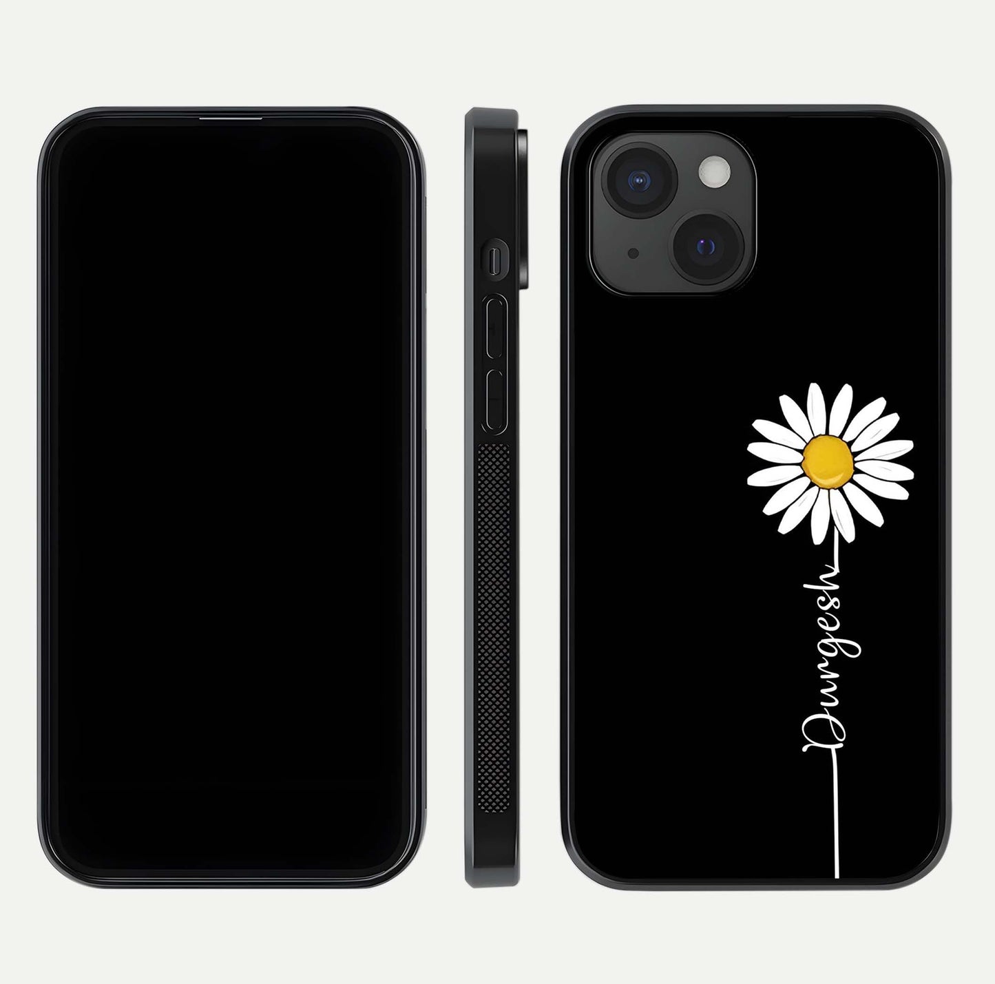 Custom Name White Flower Glass Case for iPhone 15 dual-view layout showing elegant floral tone and curved edge finish