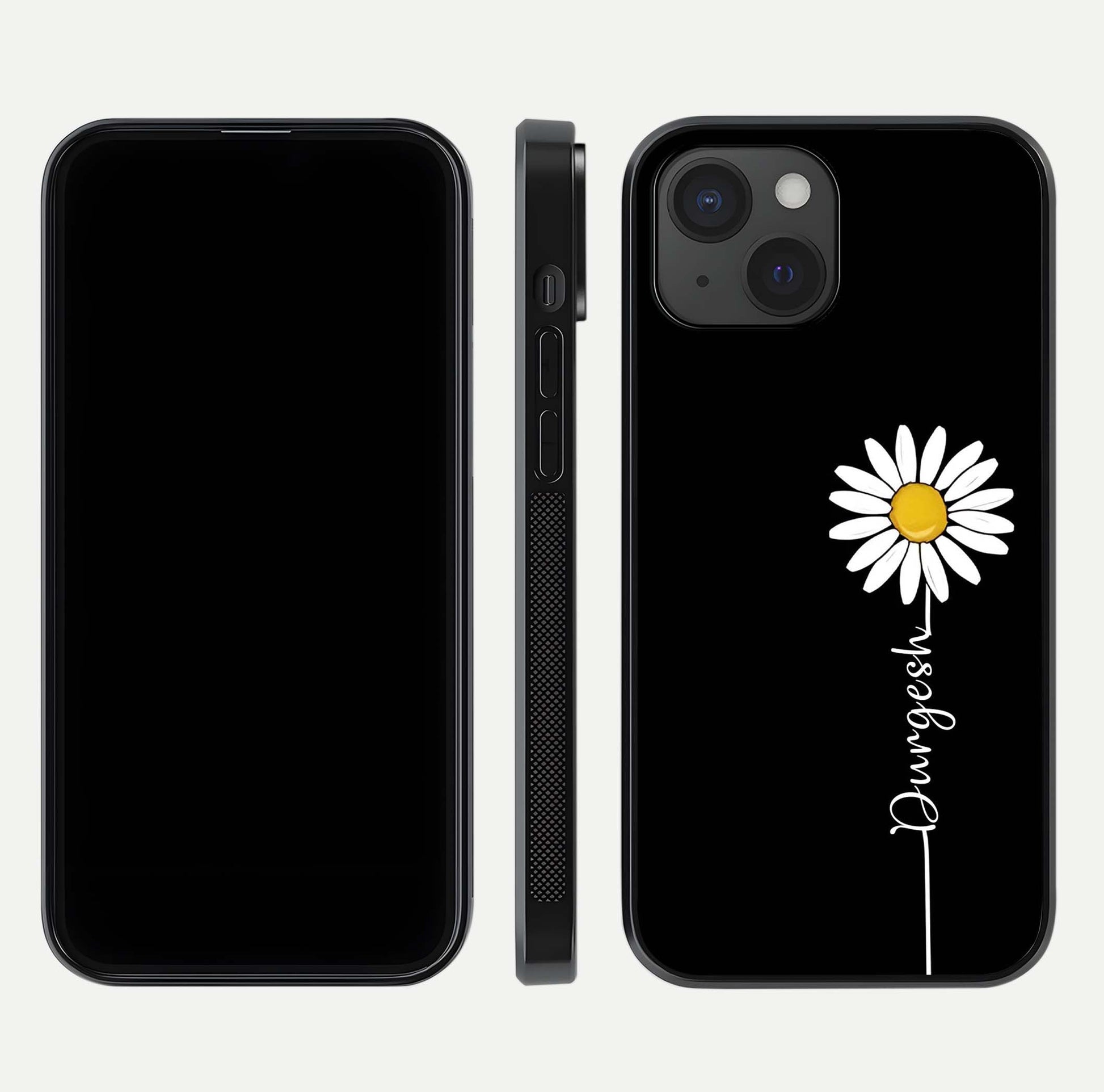 Custom Name White Flower Glass Case for iPhone 15 dual-view layout showing elegant floral tone and curved edge finish