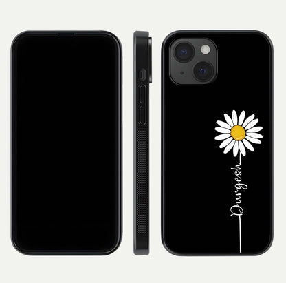 Custom Name White Flower Glass Case for iPhone 15 dual-view layout showing elegant floral tone and curved edge finish