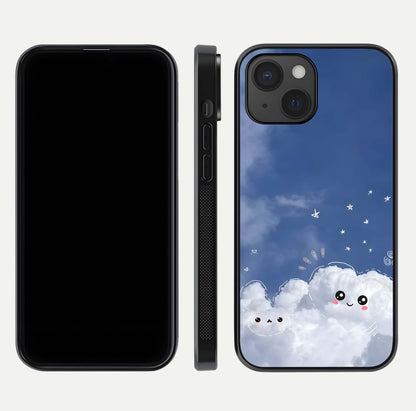 Cute Blossom Cloud Glass Case for iPhone 15 dual-view layout displaying cute floral clouds and polished edge