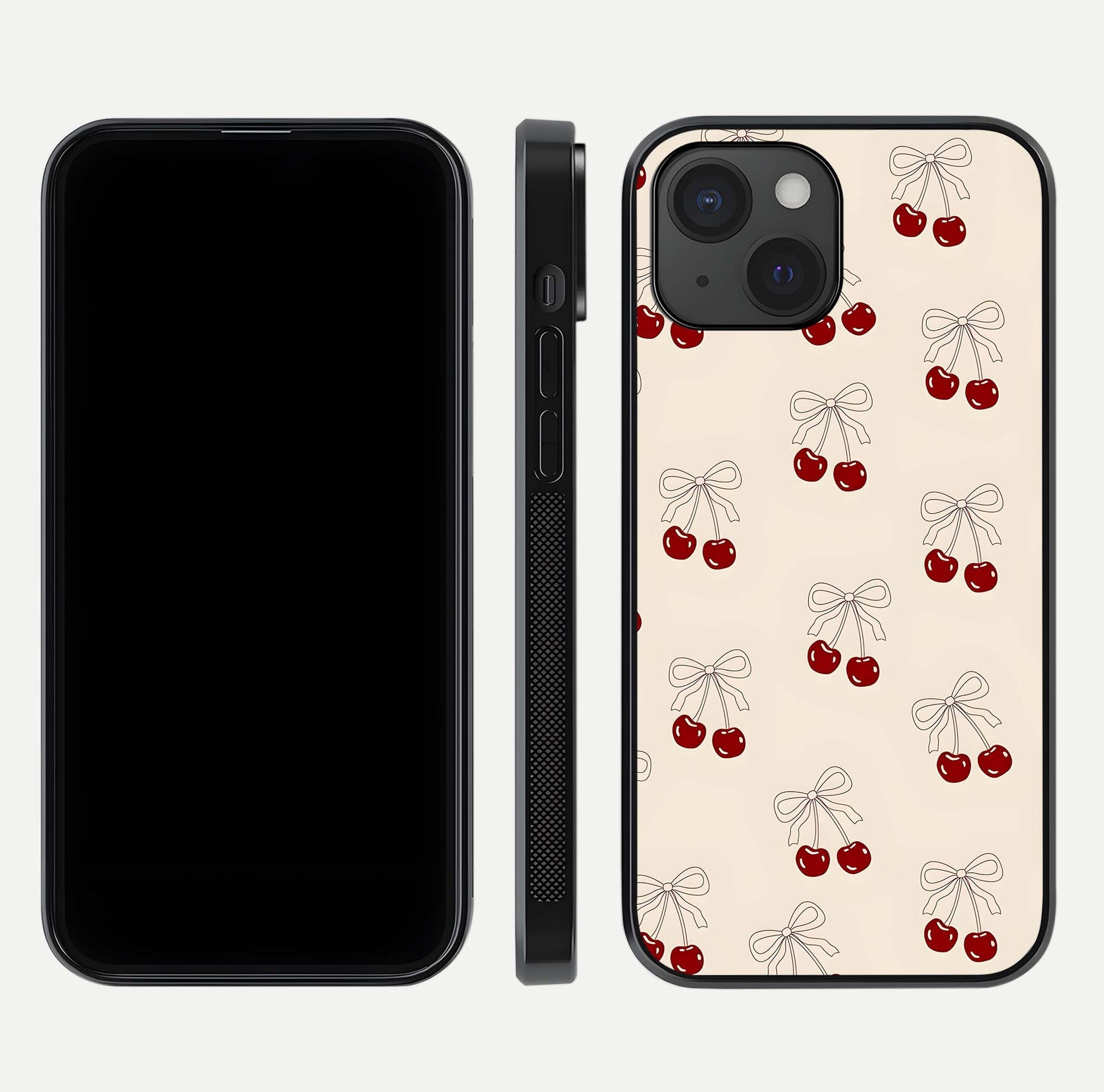 Cute Cherry Pattern Glass Case for iPhone 15 dual-view layout displaying aesthetic fruit print and smooth edges