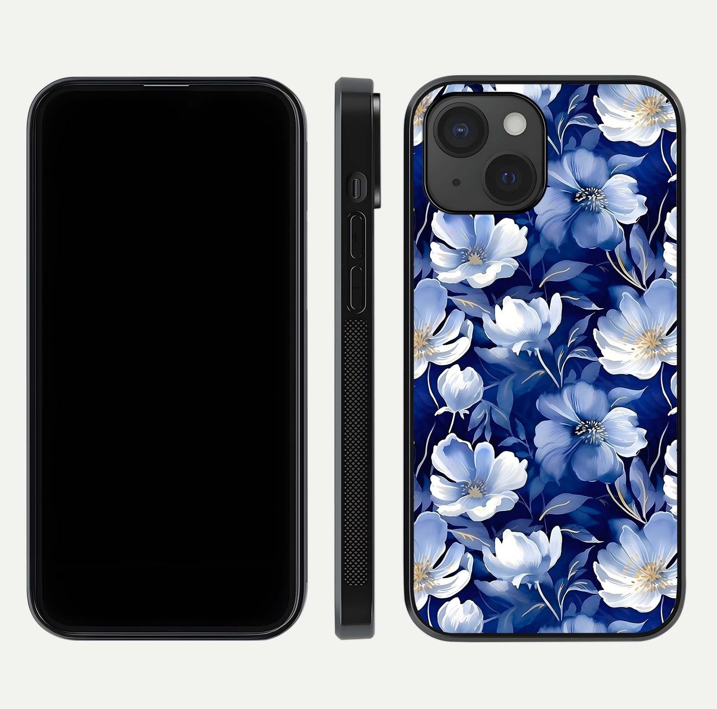 Cute Floral Patterns Glass Case for iPhone 15 dual-view layout displaying HD floral print and curved edges