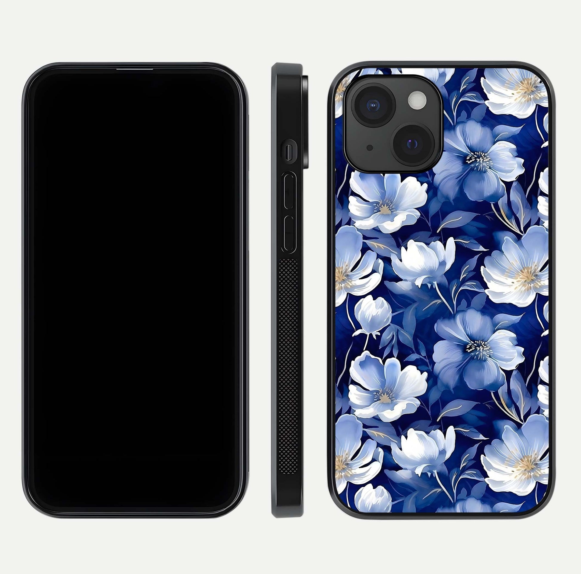 Cute Floral Patterns Glass Case for iPhone 15 dual-view layout displaying HD floral print and curved edges