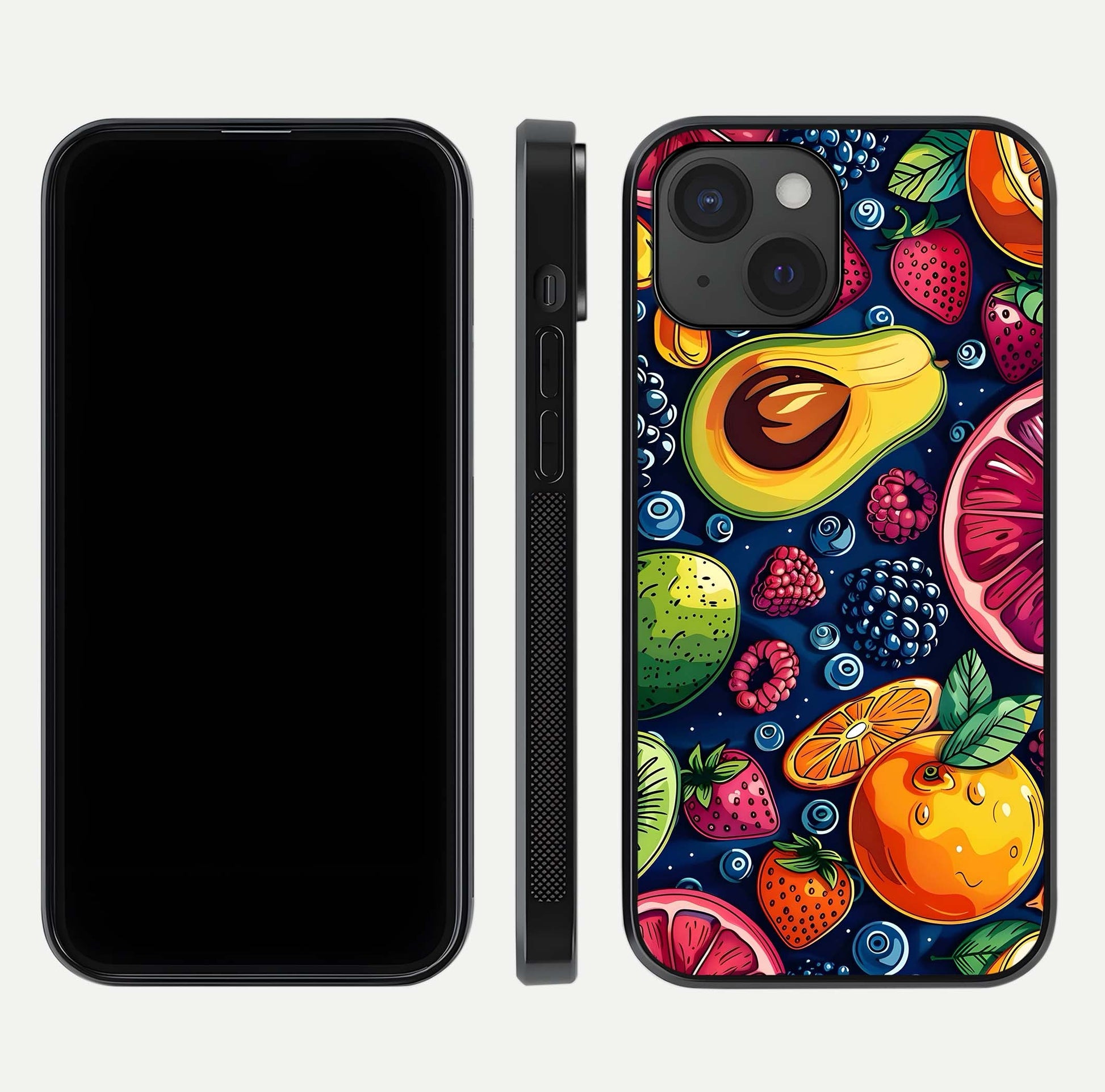 Cute Fruits Art Glass Case for iPhone 15 dual-view layout displaying playful tones and curved design