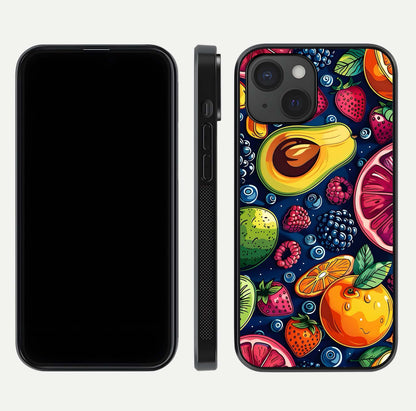Cute Fruits Art Glass Case for iPhone 15 dual-view layout displaying playful tones and curved design
