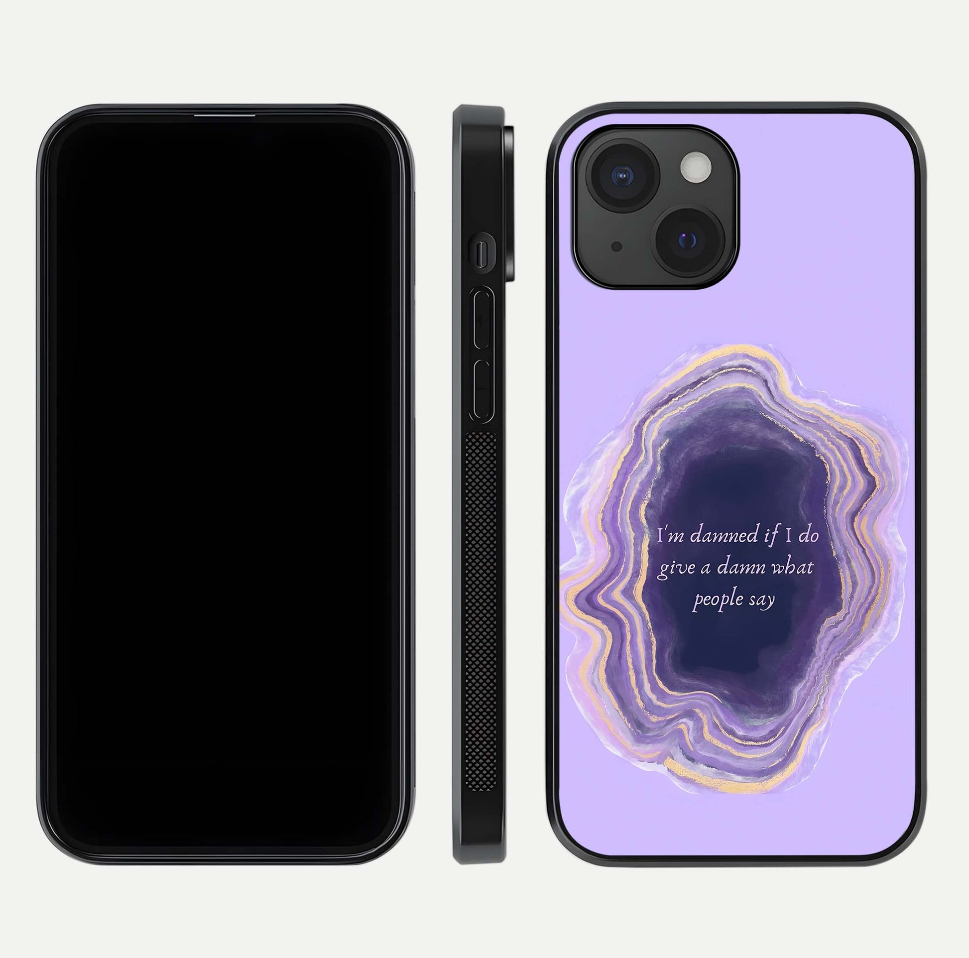Damned People Quote Glass Case for iPhone 15 dual-view layout displaying modern print and glass clarity