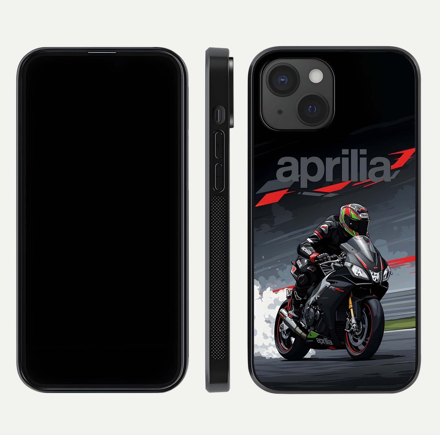Dark Aprilla Glass Case for iPhone 15 dual-view layout displaying sleek racing look and HD shine