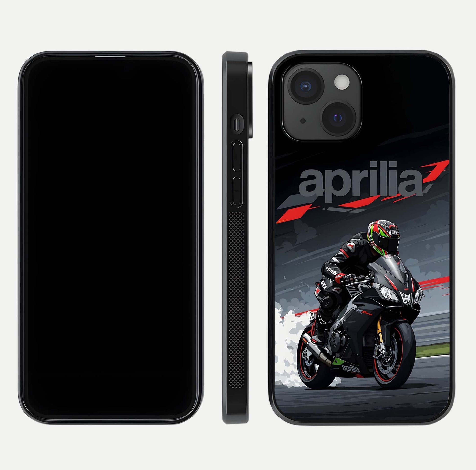 Dark Aprilla Glass Case for iPhone 15 dual-view layout displaying sleek racing look and HD shine