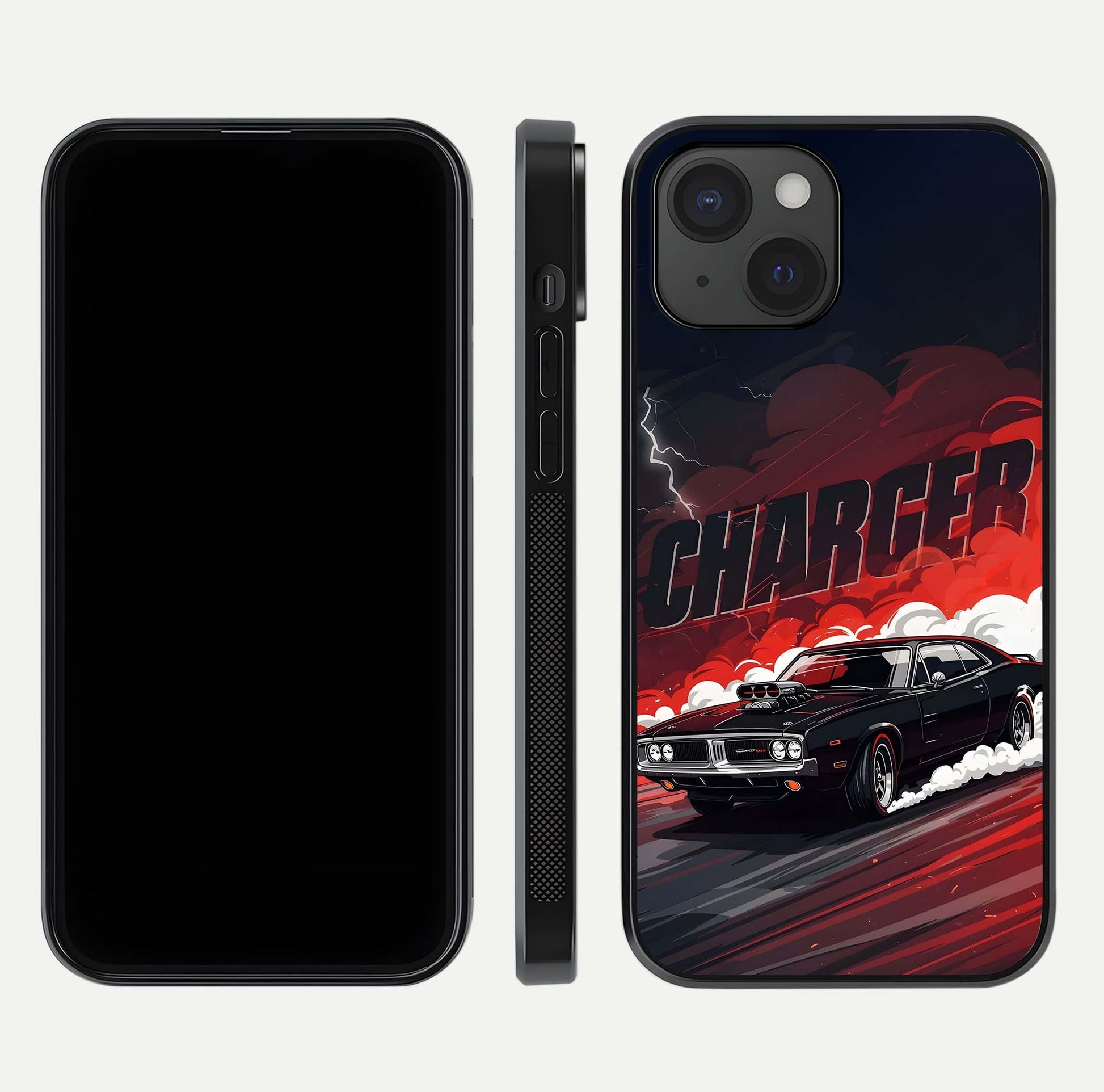 Dark Charger Fury Glass Case for iPhone 15 dual-view layout displaying HD design and polished edges