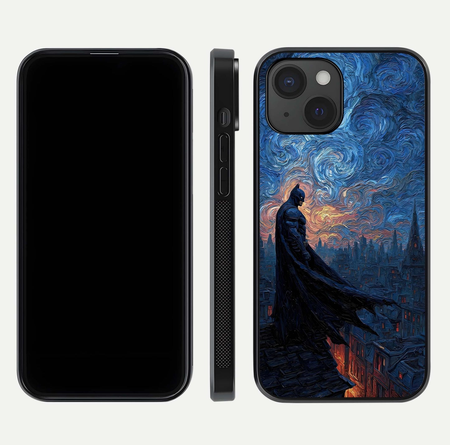 Dark Knight Dusk Glass Case for iPhone 15 dual-view layout displaying HD hero print and curved glass edges
