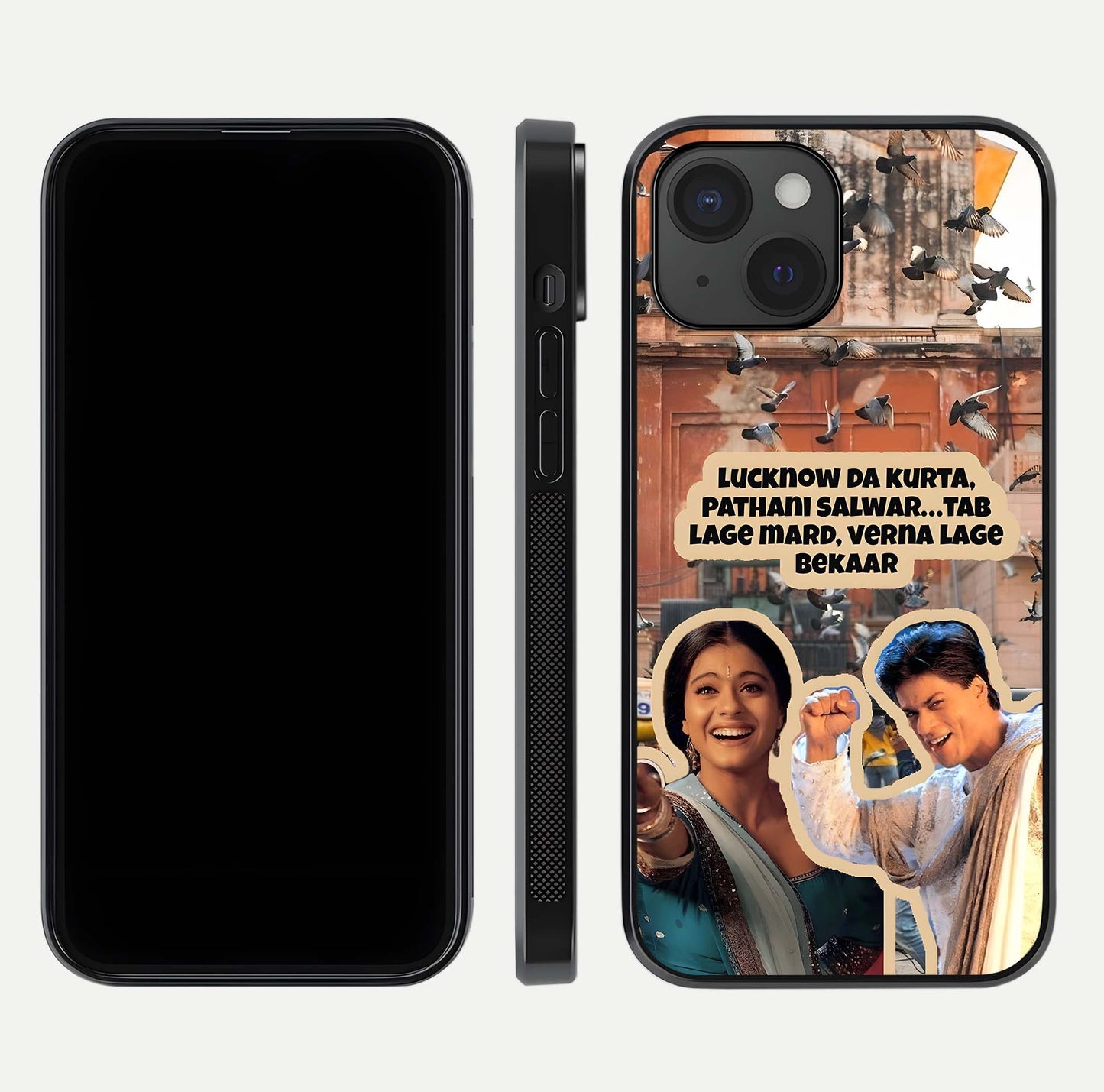 Desi Retro Vibes Glass Case for iPhone 15 dual-view layout showing nostalgic design and smooth glass curve