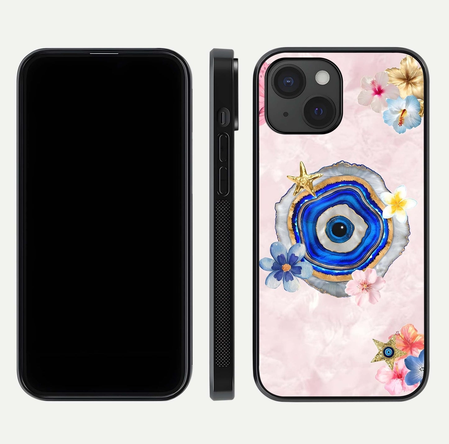 Divine Aura Bloom Glass Case for iPhone 15 dual-view layout displaying divine color tones and smooth edges