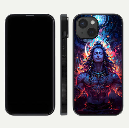 Divine Fire Shiv Glass Case for iPhone 15 dual-view layout displaying HD deity print and curved edges
