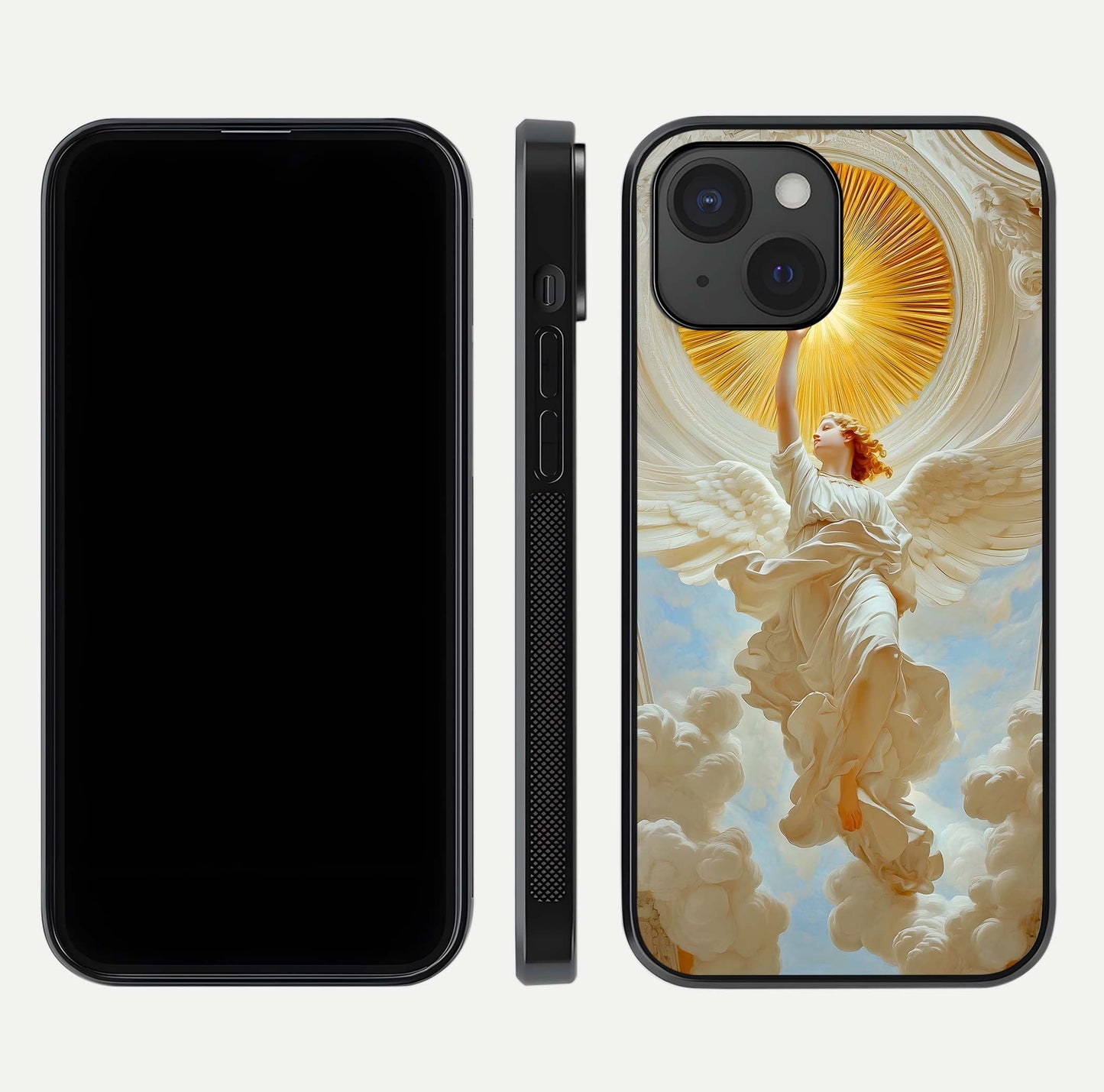 Divine Light Angel Glass Case for iPhone 15 dual-view layout displaying celestial tones and smooth curves