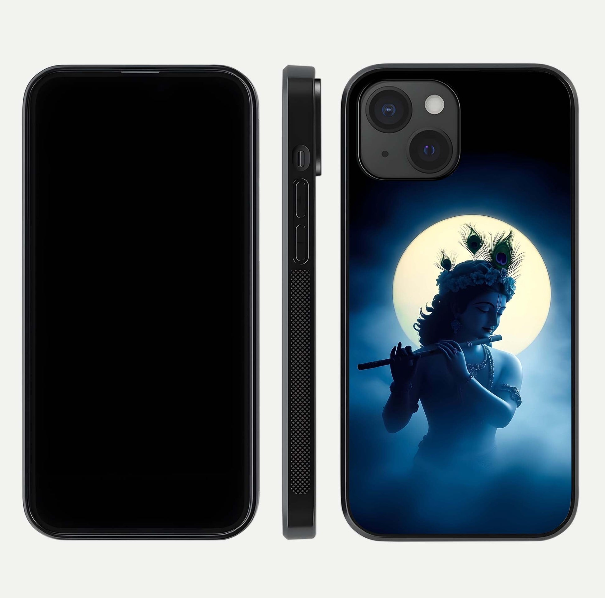 Divine Moon Flute Glass Case for iPhone 15 dual-view layout displaying soft night tones and curved polish