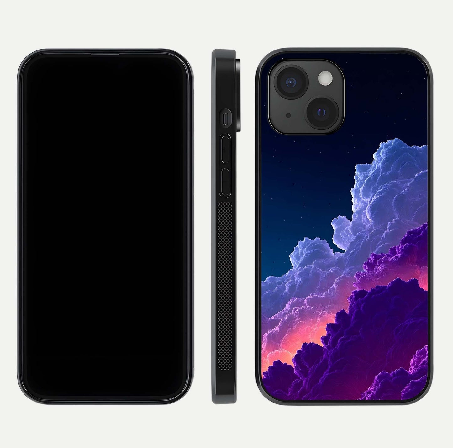 Dreamy Cloud Skies Glass Case for iPhone 15 dual-view layout displaying calm sky art and smooth curve