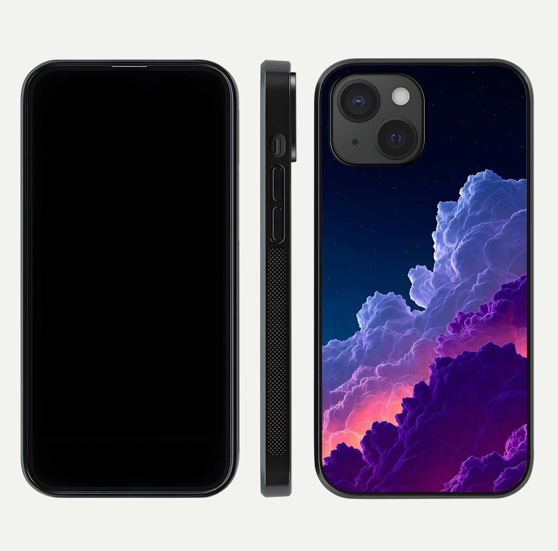 Dreamy Cloud Skies Glass Case for iPhone 15 dual-view layout displaying calm sky art and smooth curve