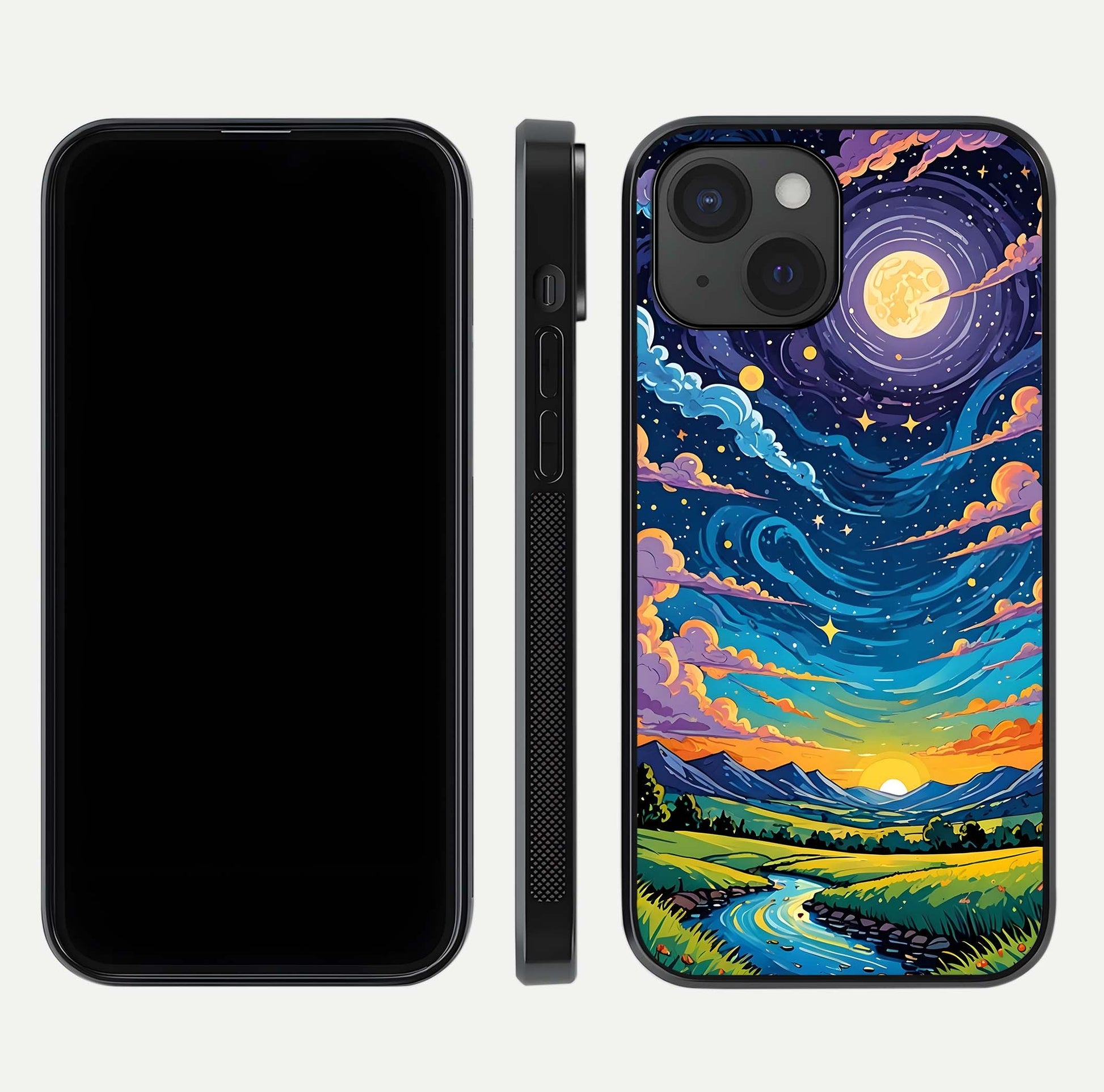 Dreamy Night Landscape Glass Case for iPhone 15 dual-view layout displaying HD print and curved glass edges