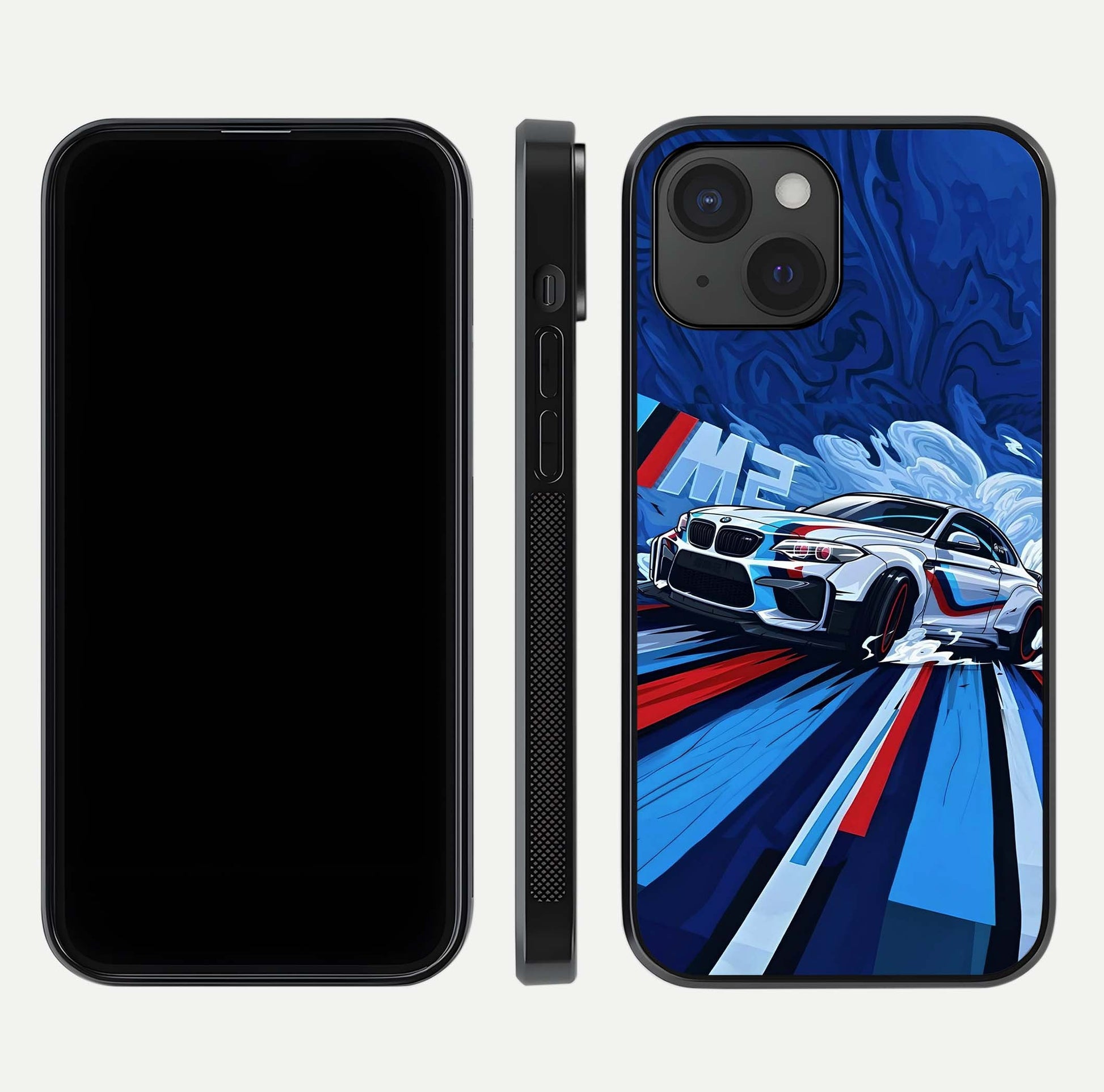 Drift Power Rush Glass Case for iPhone 15 dual-view layout displaying dynamic motion art and HD gloss