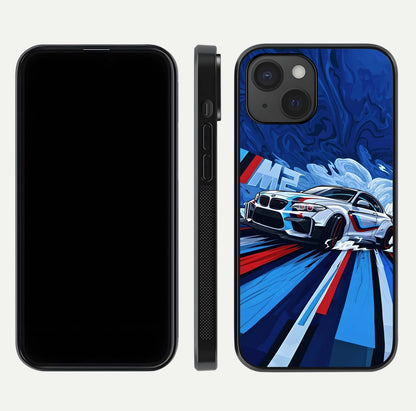 Drift Power Rush Glass Case for iPhone 15 dual-view layout displaying dynamic motion art and HD gloss