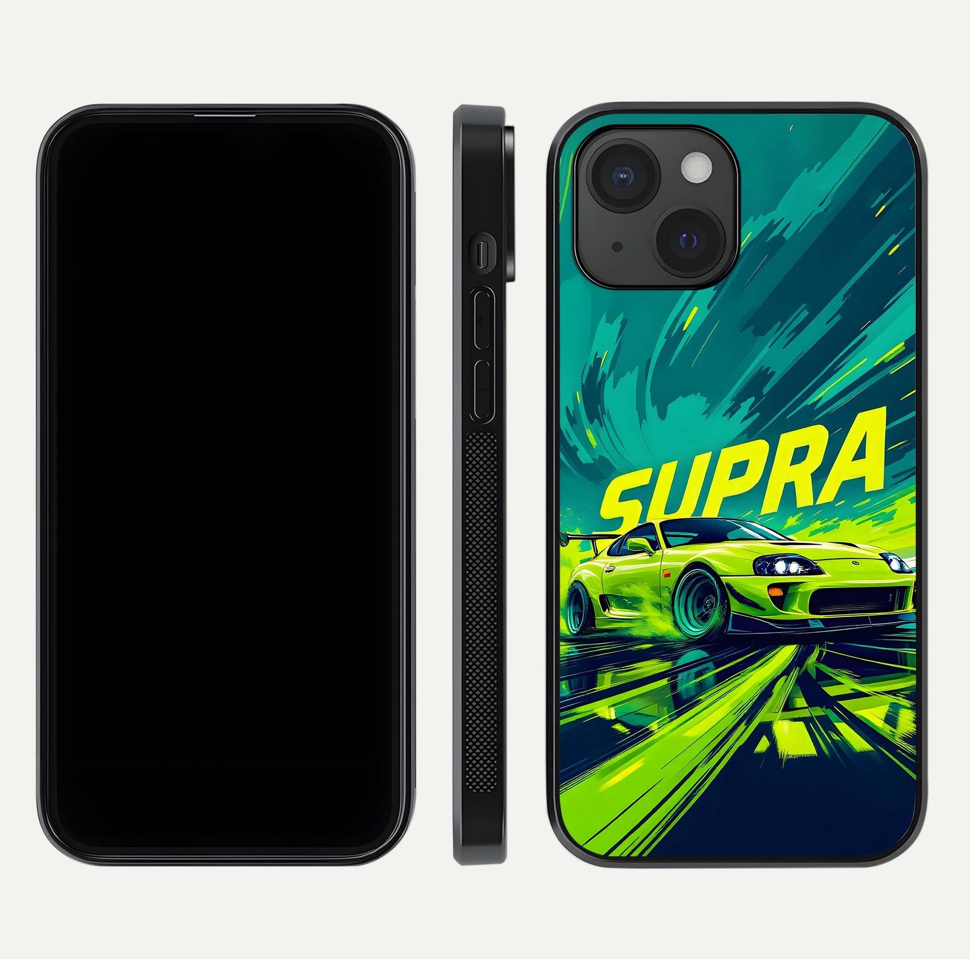 Electric Supra Thunder Glass Case for iPhone 15 dual-view layout displaying dynamic motion art and curved finish
