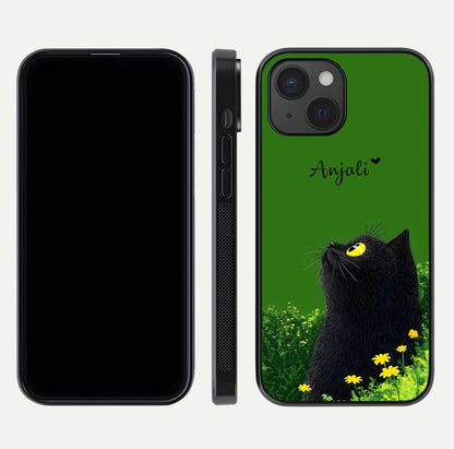 Emerald Cat Custom Name Glass Case for iPhone 15 dual-view layout displaying artistic tones and smooth curves