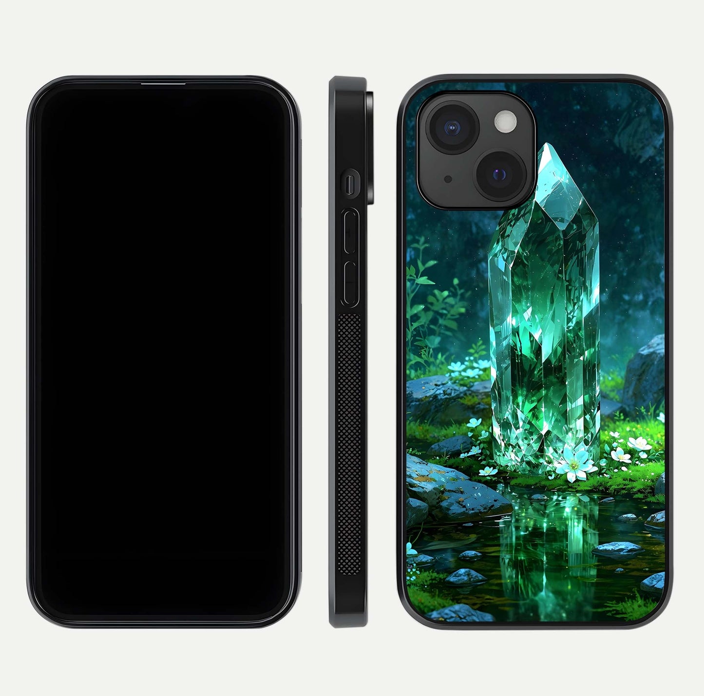 Emerald Light Crystal Glass Case for iPhone 15 dual-view layout displaying gem-like tones and polished edge