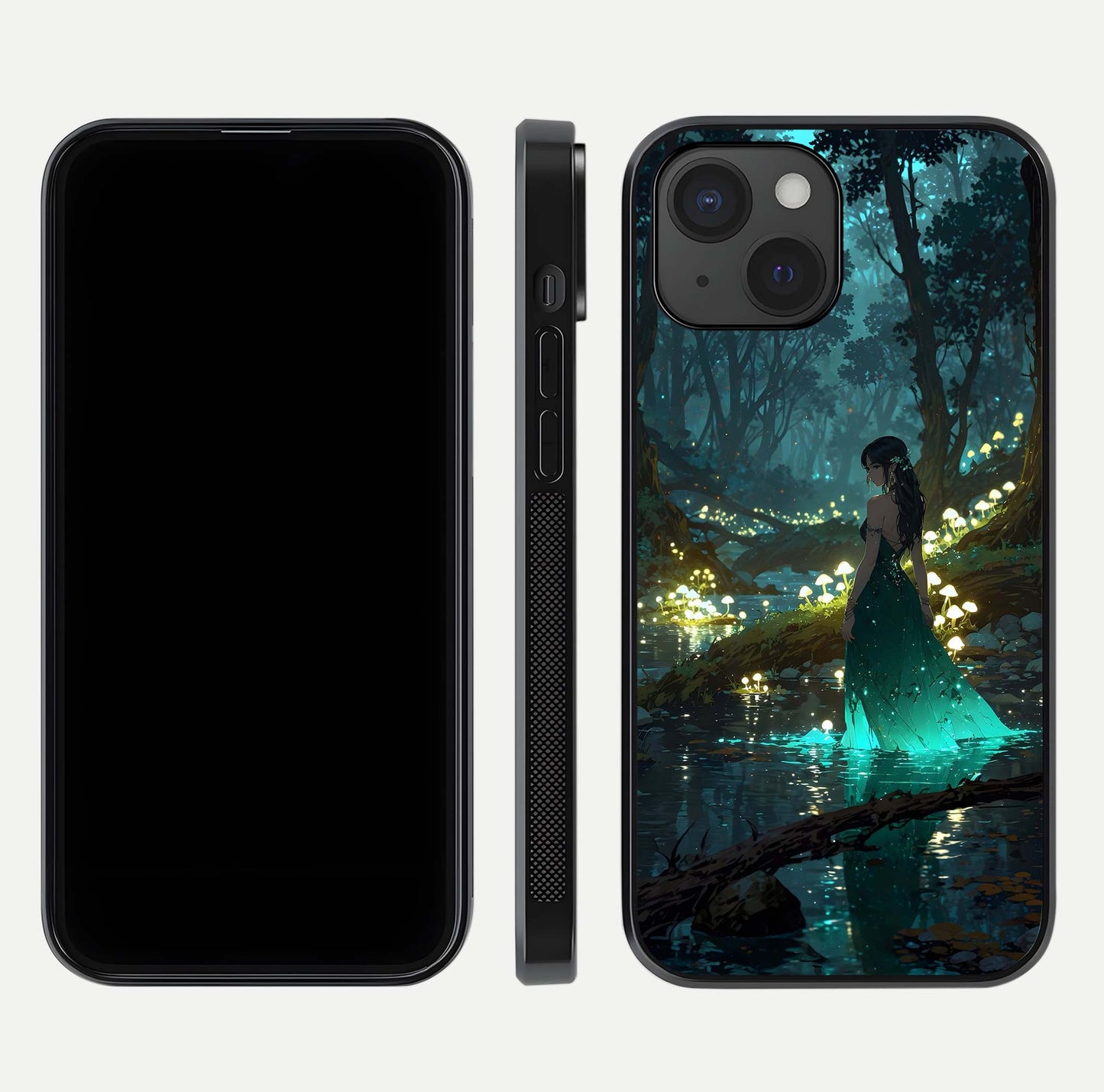 Enchanted Forest Glow Glass Case for iPhone 15 dual-view layout displaying green tones and smooth glass