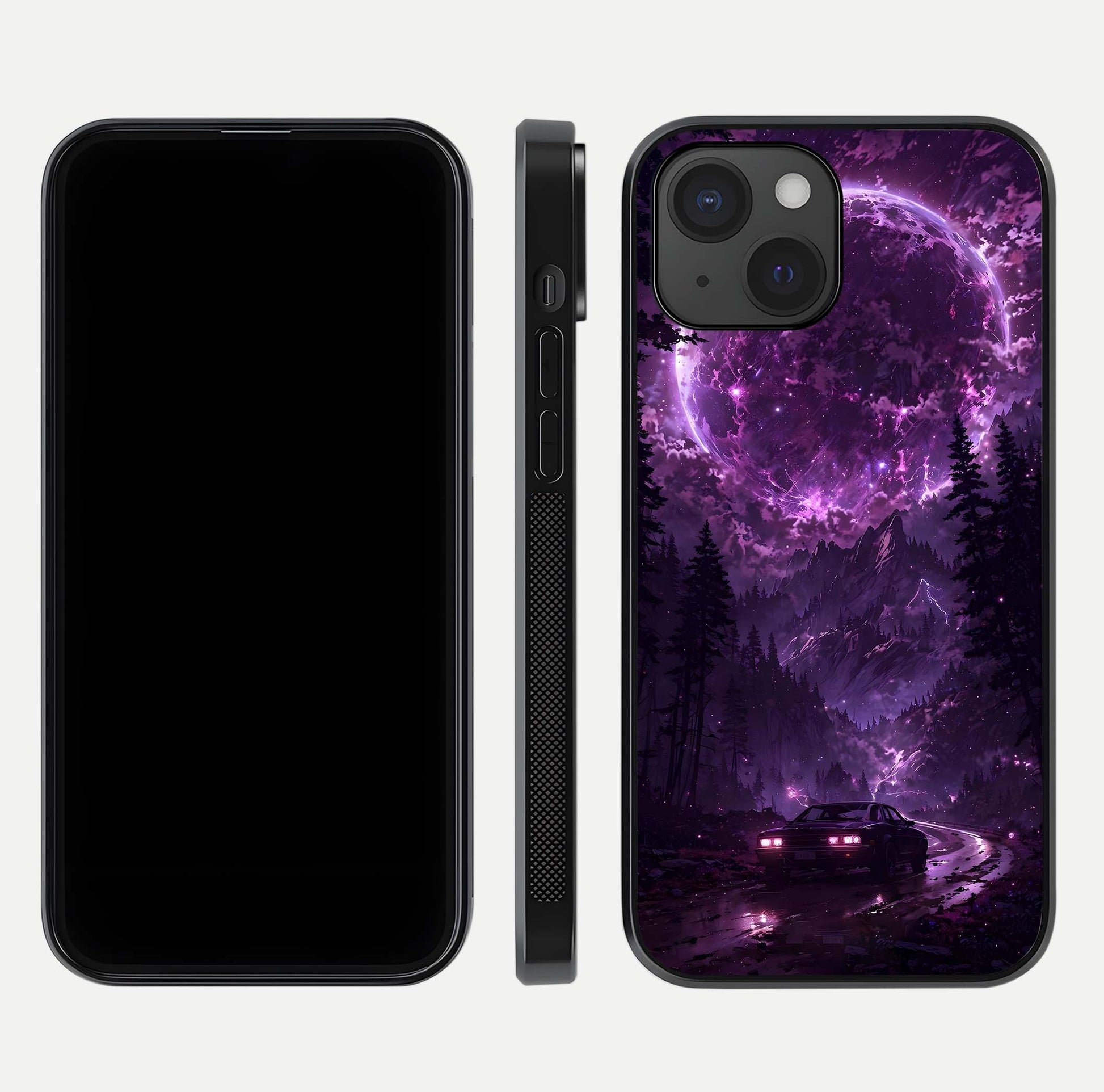 Eternal Cosmic Drive Glass Case for iPhone 15 dual-view layout displaying outer-space tones and curved finish