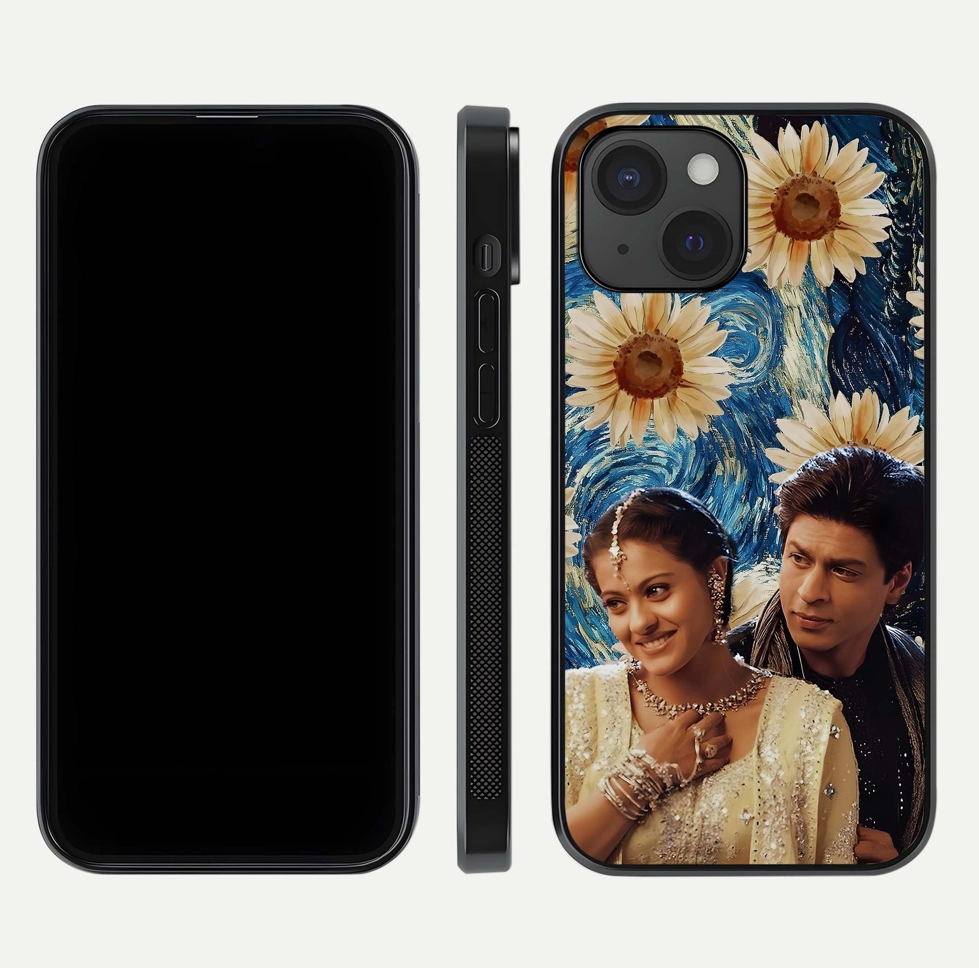 Eternal Love Story Glass Case for iPhone 15 dual-view layout displaying soft hues and smooth glass
