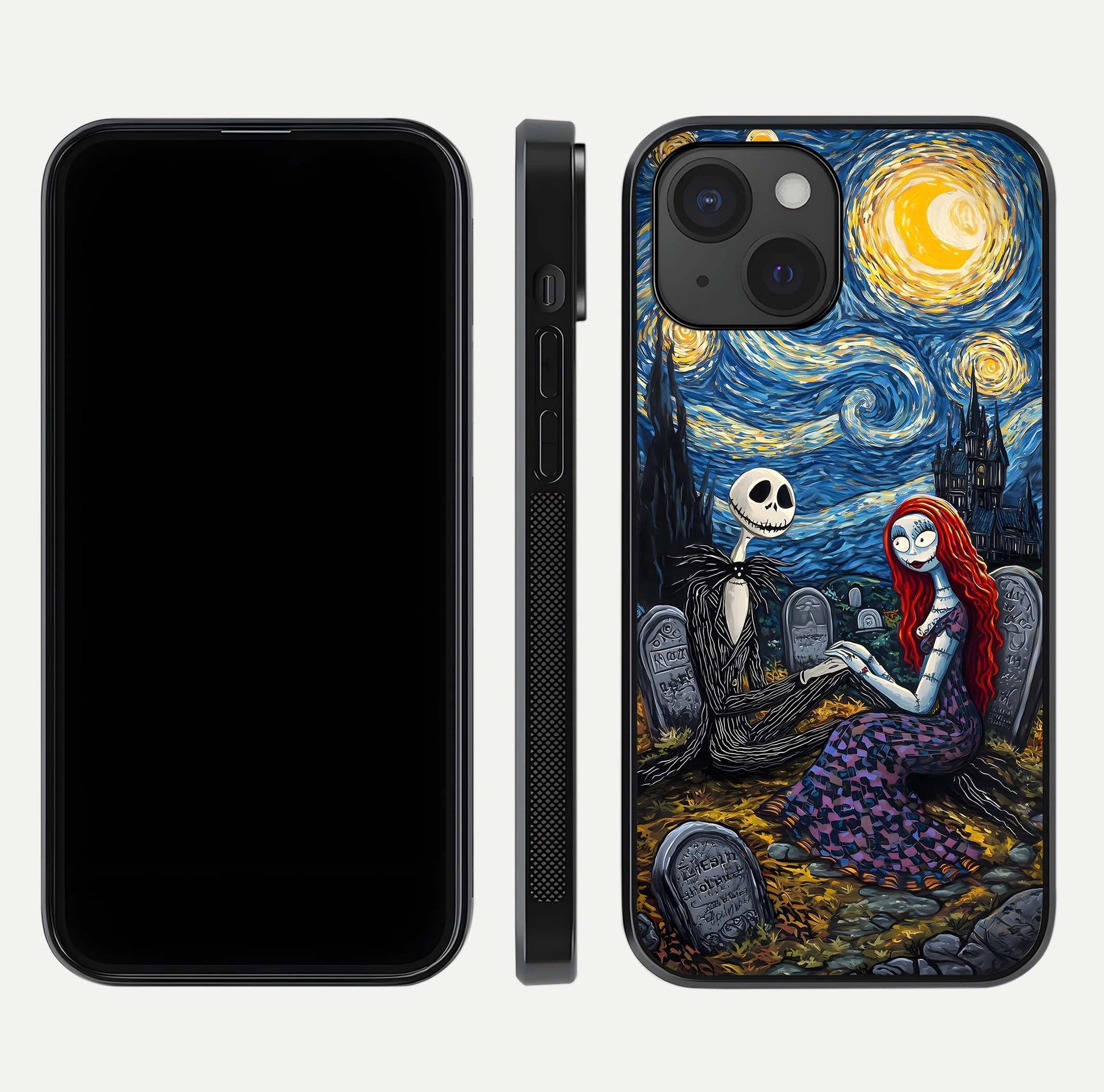 Eternal Night Love Glass Case for iPhone 15 dual-view layout displaying HD art and curved polish