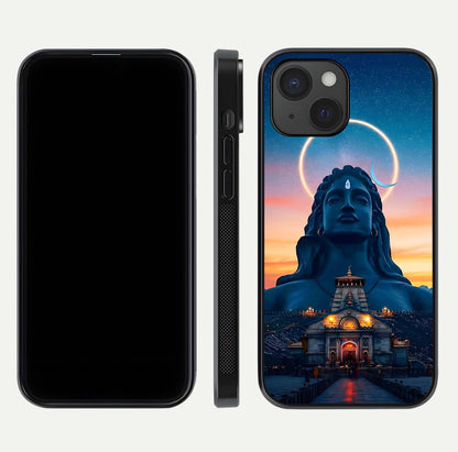 Eternal Shiva Aura Glass Case for iPhone 15 dual-view layout displaying HD deity print and smooth edge