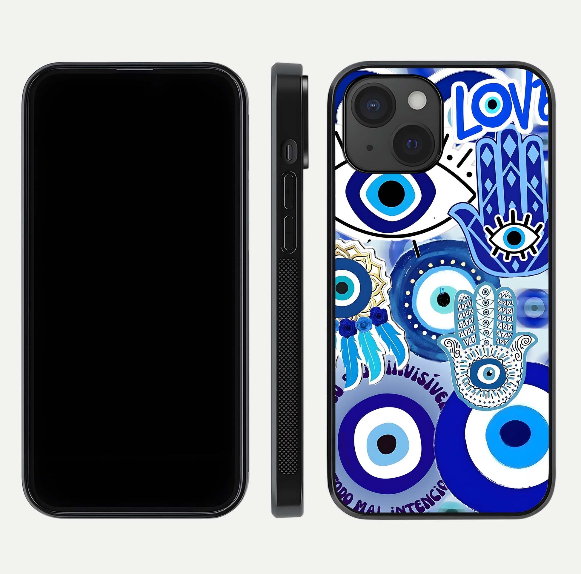 Evil Eyes Dream Glass Case for iPhone 15 dual-view layout displaying spiritual motif and polished curved edge