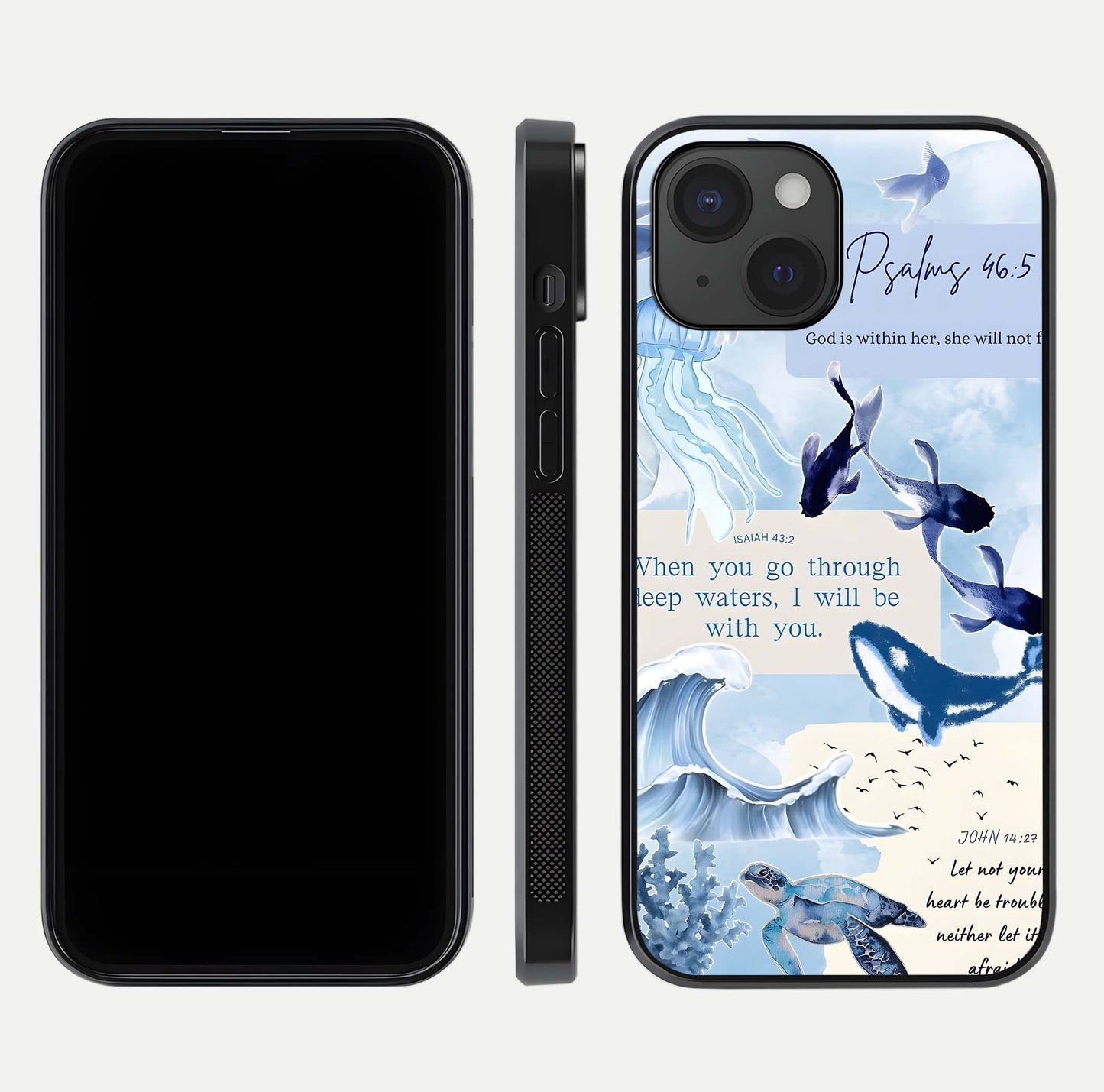 Faithful Ocean Promise Glass Case for iPhone 15 dual-view layout showing sea horizon art and curved polish