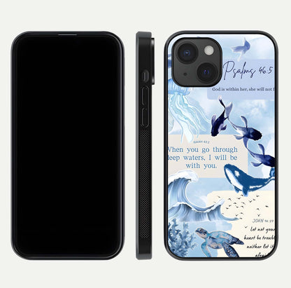 Faithful Ocean Promise Glass Case for iPhone 15 dual-view layout showing sea horizon art and curved polish