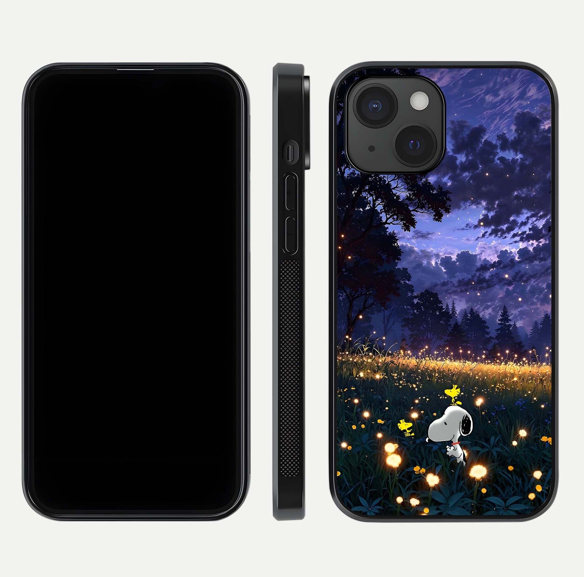 Firefly Meadow Magic Glass Case for iPhone 15 dual-view layout displaying enchanting tones and curved edges