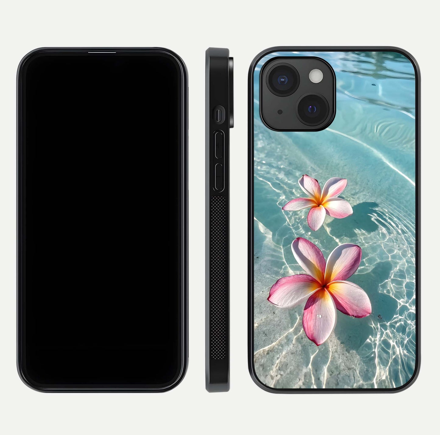 Floating Bloom Bliss Glass Case for iPhone 15 dual-view layout displaying soft pastel flowers and curved glass