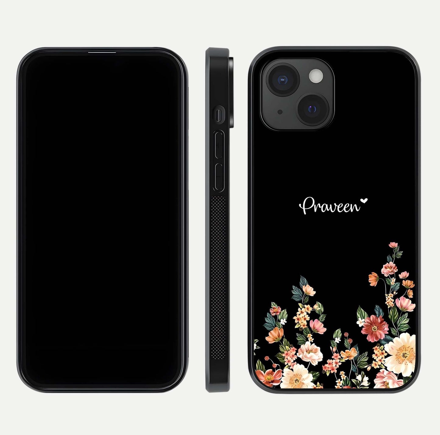 Floral Design Personalized Custom Name Glass Case for iPhone 15 dual-view layout displaying artistic tones and curved finish