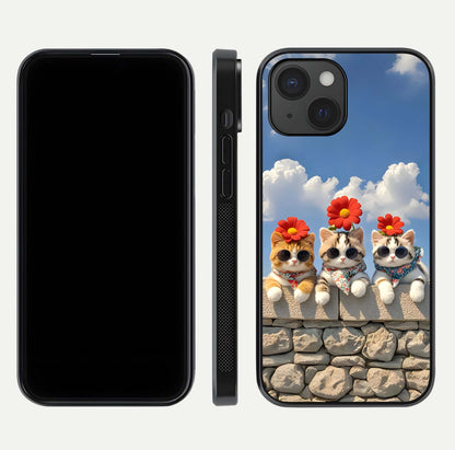 Floral Kitty Squad Glass Case for iPhone 15 dual-view layout displaying vibrant tones and smooth edges