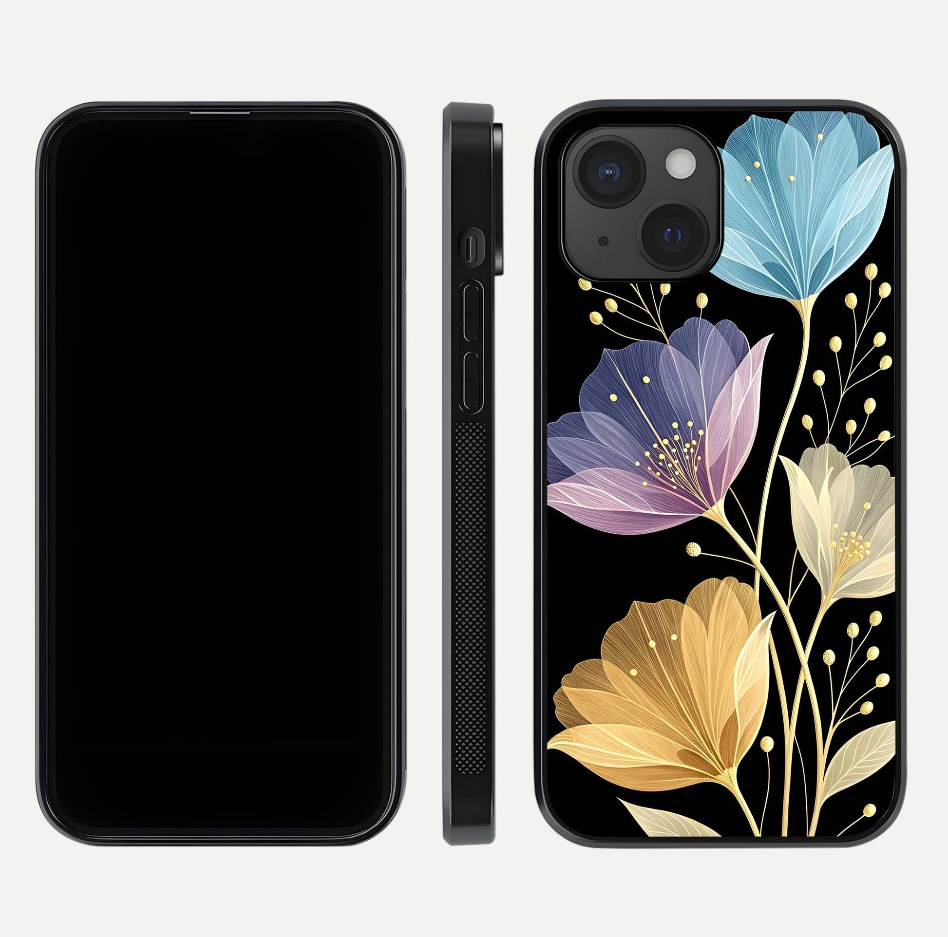 Flower Bloom Glow Glass Case for iPhone 15 dual-view layout displaying petal tones and curved glass edge