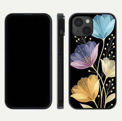 Flower Bloom Glow Glass Case for iPhone 15 dual-view layout displaying petal tones and curved glass edge