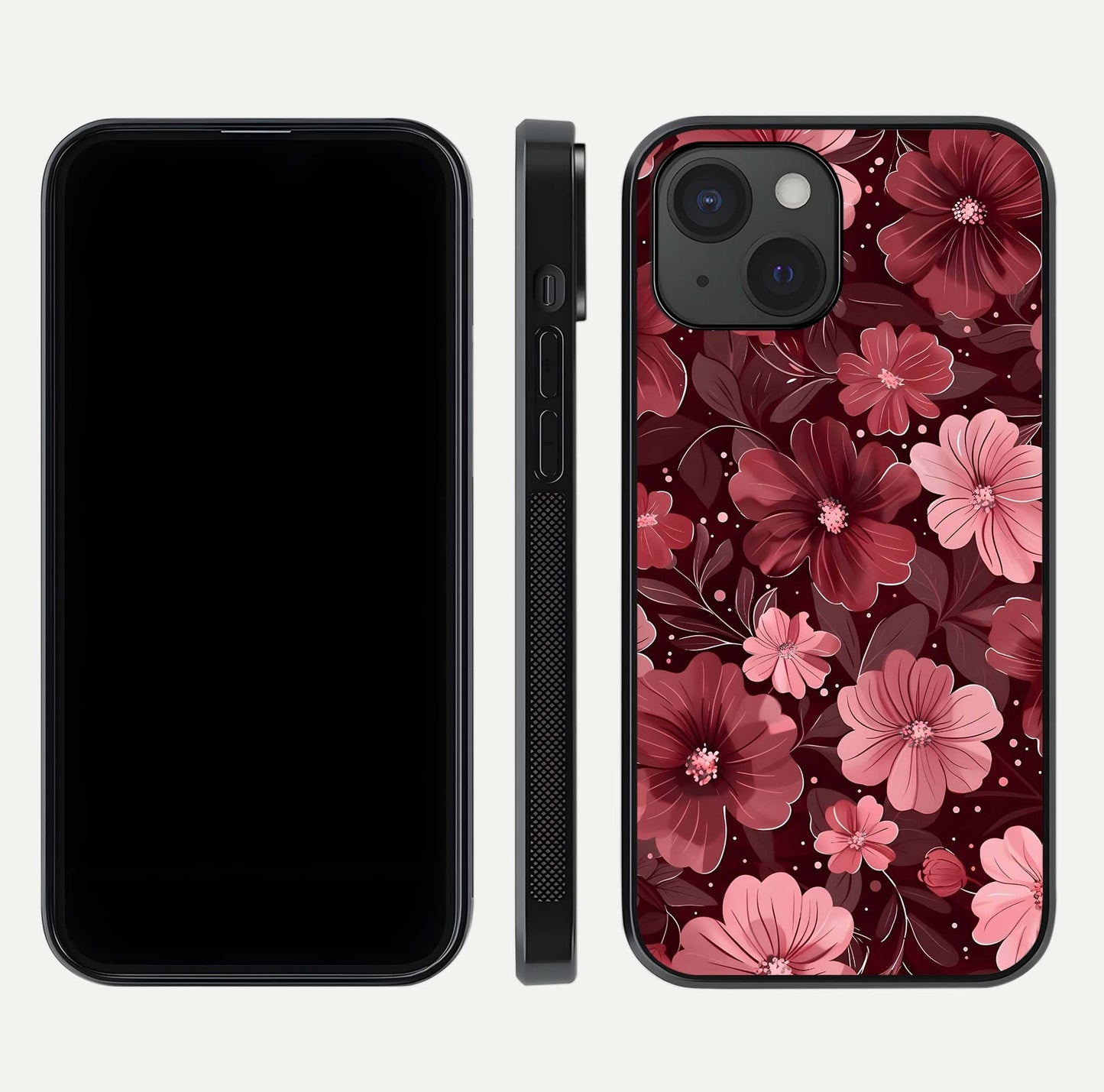 Flower Blush Bloom Glass Case for iPhone 15 dual-view layout displaying HD print and smooth curves