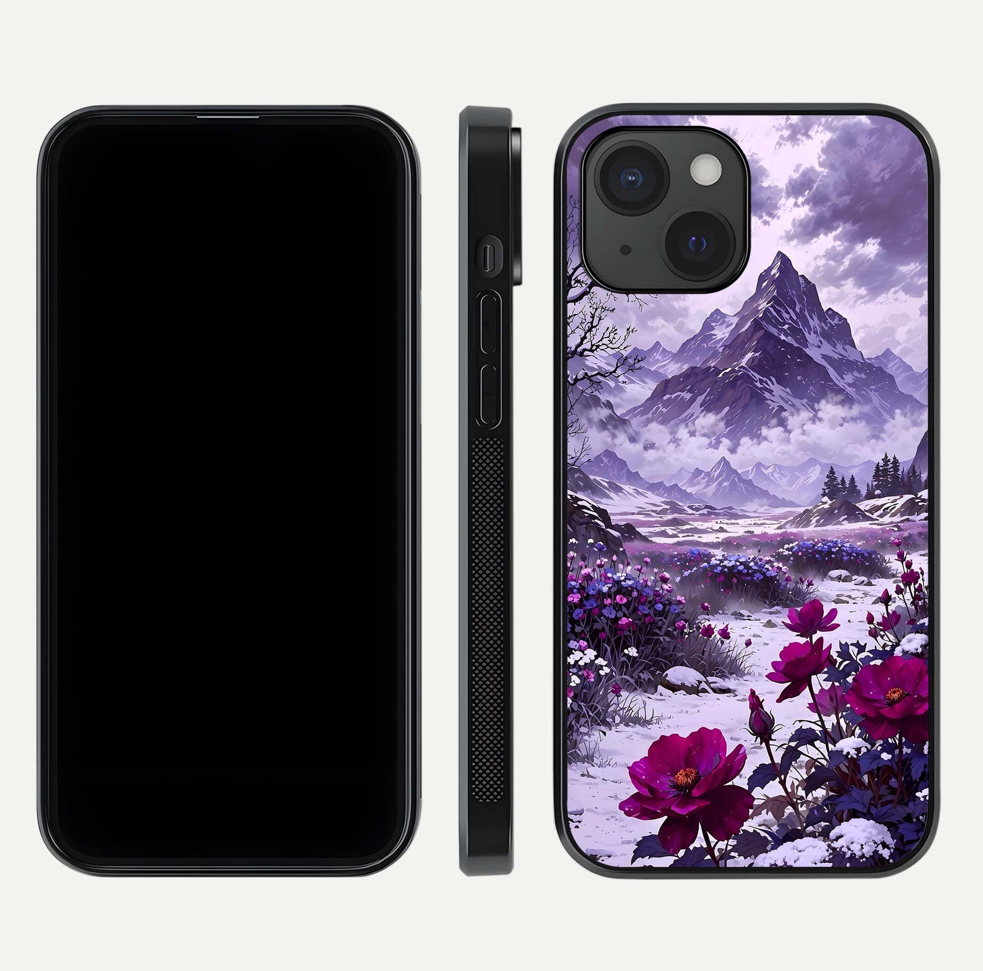 Flower Mountain View Glass Case for iPhone 15 dual-view layout displaying scenic tones and curved glass finish