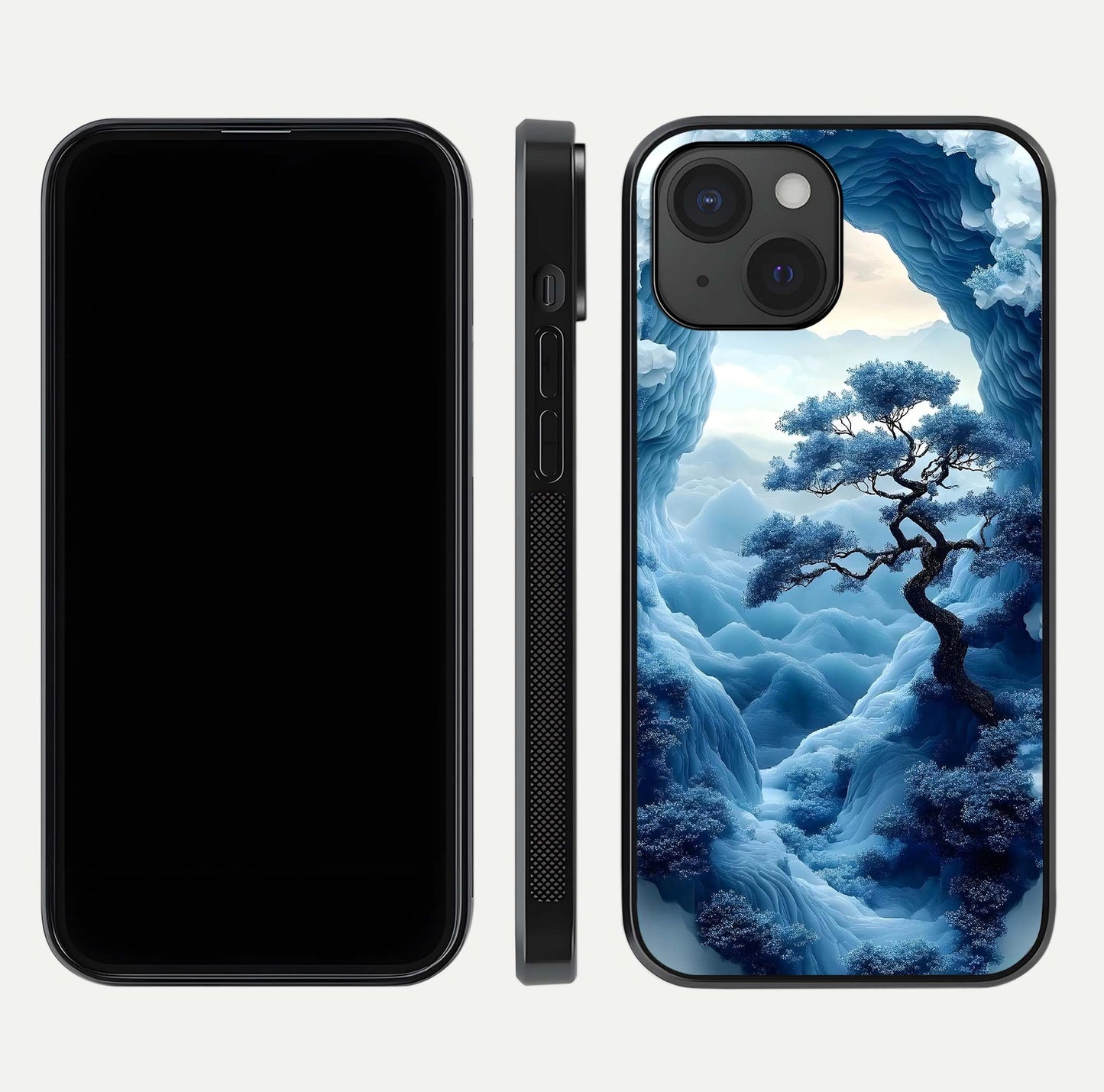 Frozen Serenity Gate Glass Case for iPhone 15 dual-view layout displaying winter theme and smooth curves